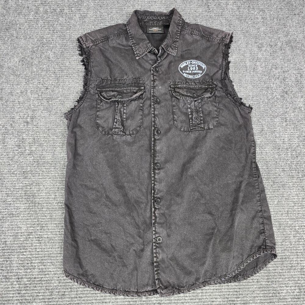 Harley Davidson Sleeveless Shirt Mens L Black Acid Wash Frayed V Twin Biker